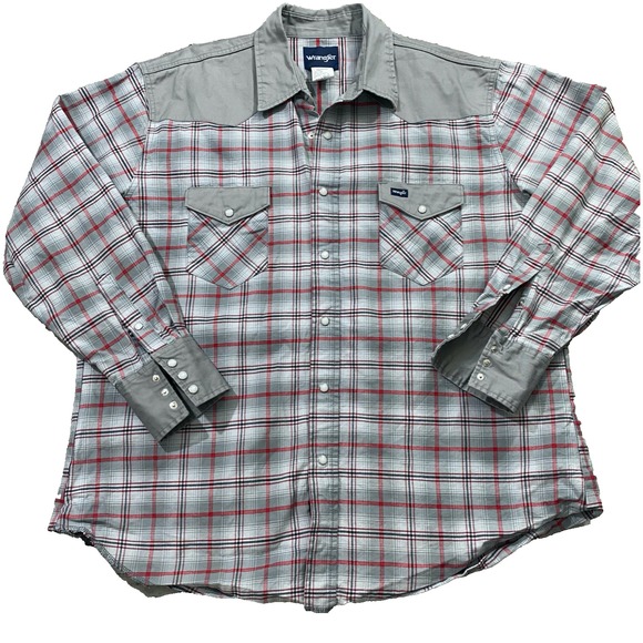 Wrangler Mens Plus 2X Pearl Snap Colorblock Western Plaid Canvas Heavy Shirt - Picture 1 of 13